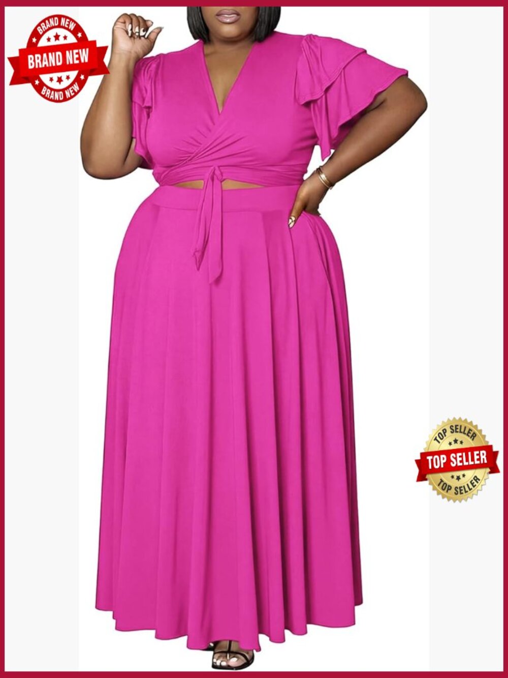 Women Plus Size 2 Piece Outfit Short Sleeve Empire Crop Top Flowy Maxi Skirt Set